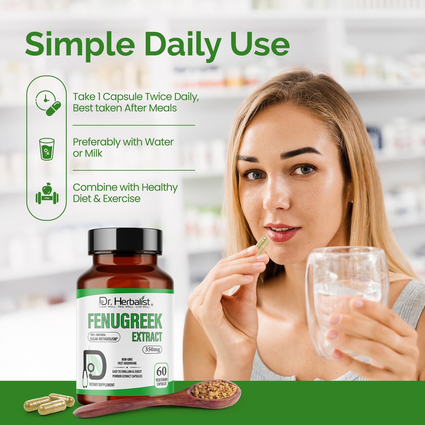 Dr. Herbalist Fenugreek Extract 350mg - 60 Capsules | Non-GMO | Fast-Absorbing | Vegetarian