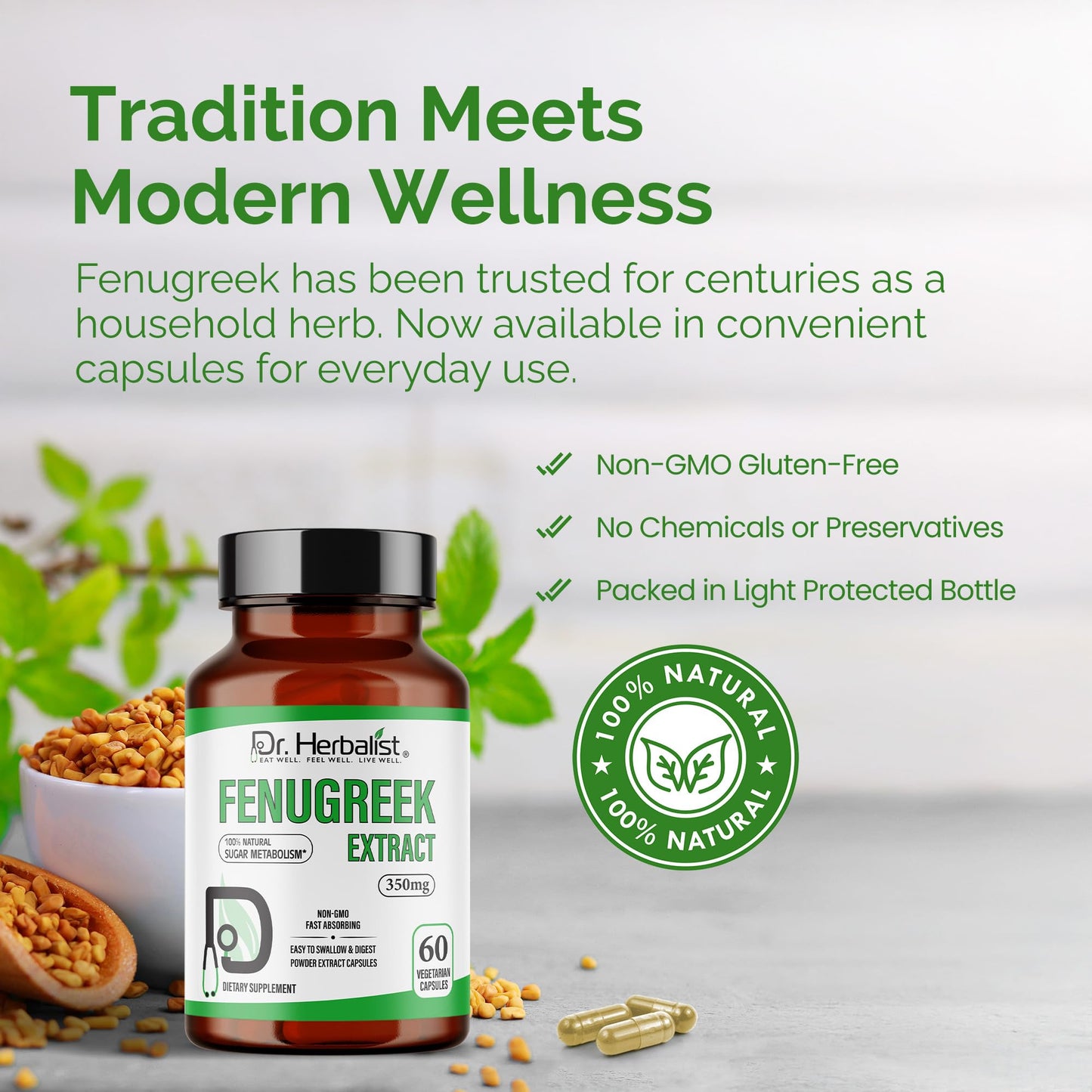 Dr. Herbalist Fenugreek Extract 350mg - 60 Capsules | Non-GMO | Fast-Absorbing | Vegetarian