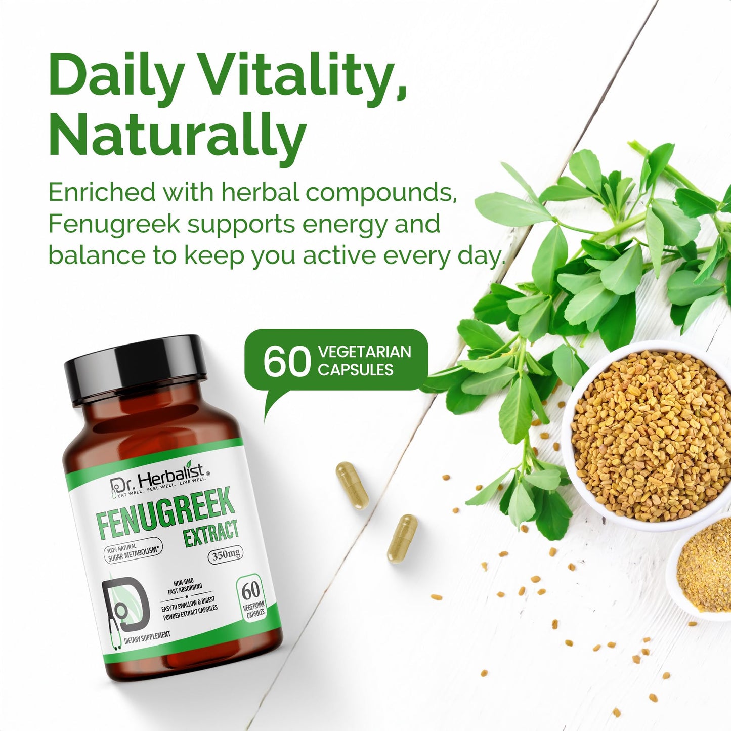 Dr. Herbalist Fenugreek Extract 350mg - 60 Capsules | Non-GMO | Fast-Absorbing | Vegetarian