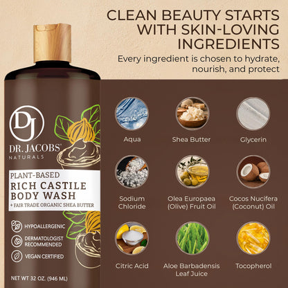 DR. JACOBS NATURALS Castile Shea Butter Body Wash | Gentle Hydration for Dry, Sensitive Skin – 32 oz