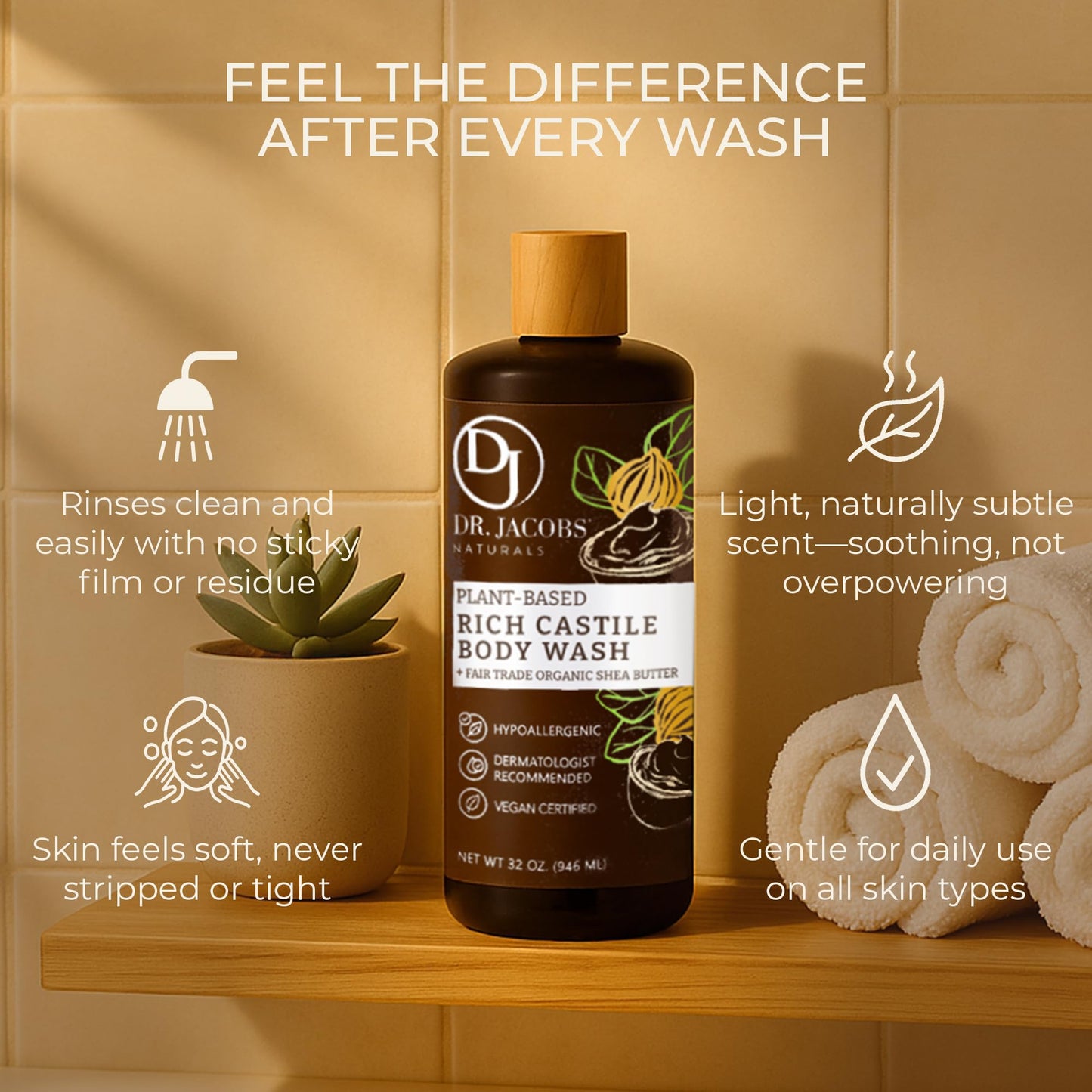 DR. JACOBS NATURALS Castile Shea Butter Body Wash | Gentle Hydration for Dry, Sensitive Skin – 32 oz