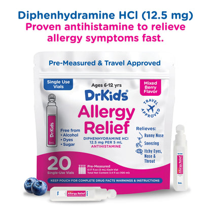 Dr. Kids Children's Allergy Relief with Diphenhydramine | Pre-Measured Vials, Mixed Berry