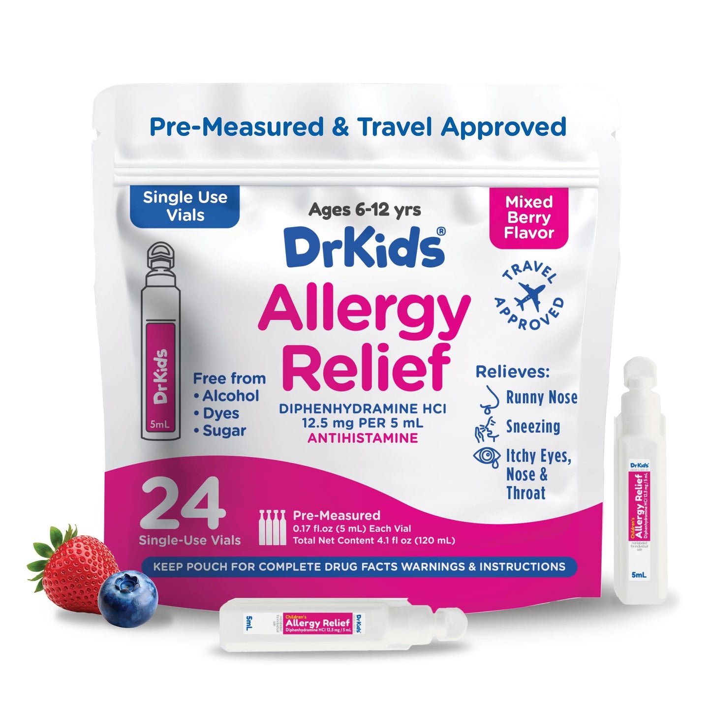 Dr. Kids Diphenhydramine Allergy Relief for Kids — Pre-Measured Vials, Mixed Berry (Ages 6–12)