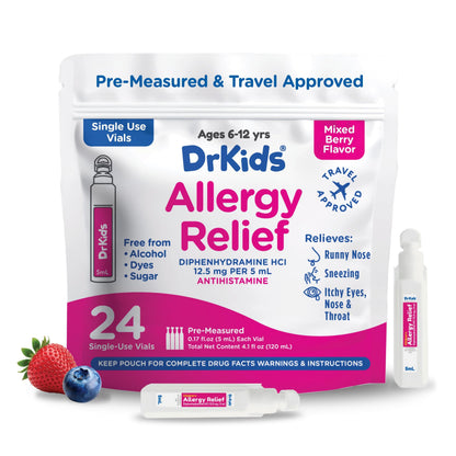 Dr. Kids Diphenhydramine Allergy Relief for Kids — Pre-Measured Vials, Mixed Berry (Ages 6–12)