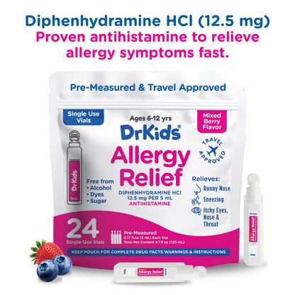 Dr. Kids Diphenhydramine Allergy Relief for Kids — Pre-Measured Vials, Mixed Berry (Ages 6–12)