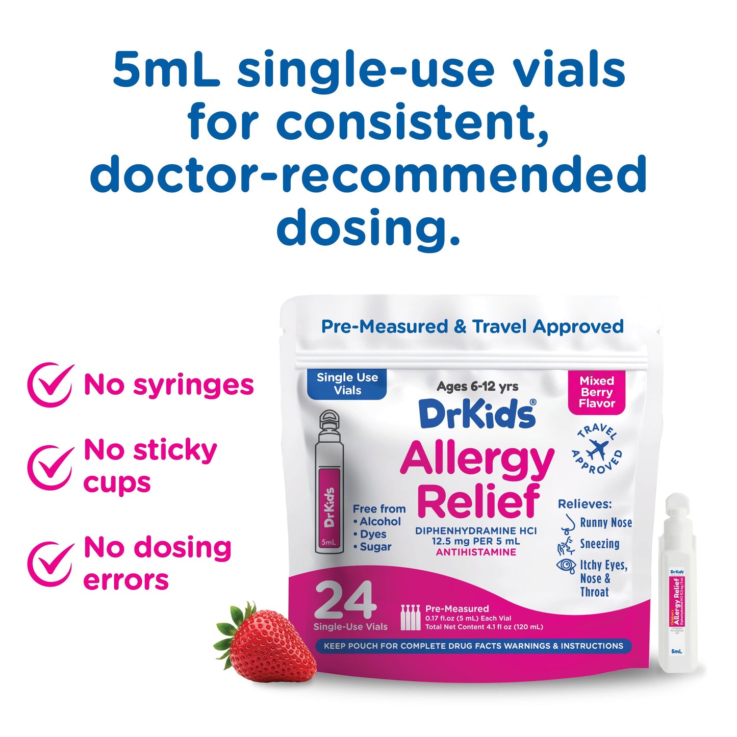 Dr. Kids Diphenhydramine Allergy Relief for Kids — Pre-Measured Vials, Mixed Berry (Ages 6–12)