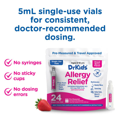 Dr. Kids Diphenhydramine Allergy Relief for Kids — Pre-Measured Vials, Mixed Berry (Ages 6–12)