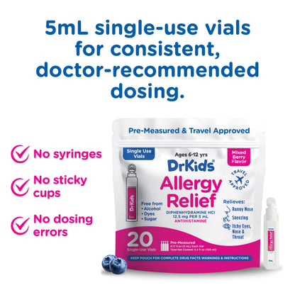 Dr. Kids Children's Allergy Relief with Diphenhydramine | Pre-Measured Vials, Mixed Berry