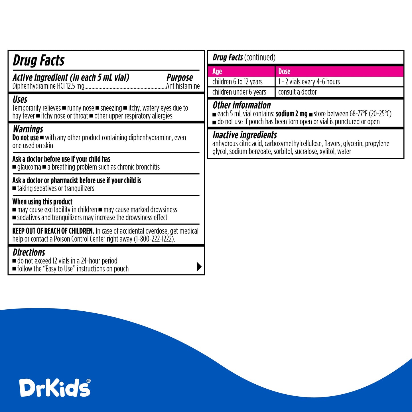 Dr. Kids Diphenhydramine Allergy Relief for Kids — Pre-Measured Vials, Mixed Berry (Ages 6–12)