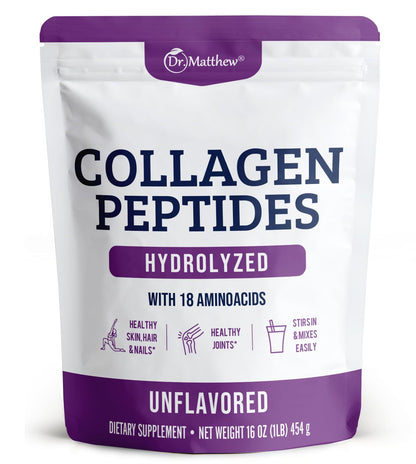 Dr. Matthew Hydrolyzed Collagen Peptides Powder – Unflavored, Grass-Fed, Type 1 & 3 (Hair, Skin, Joints)