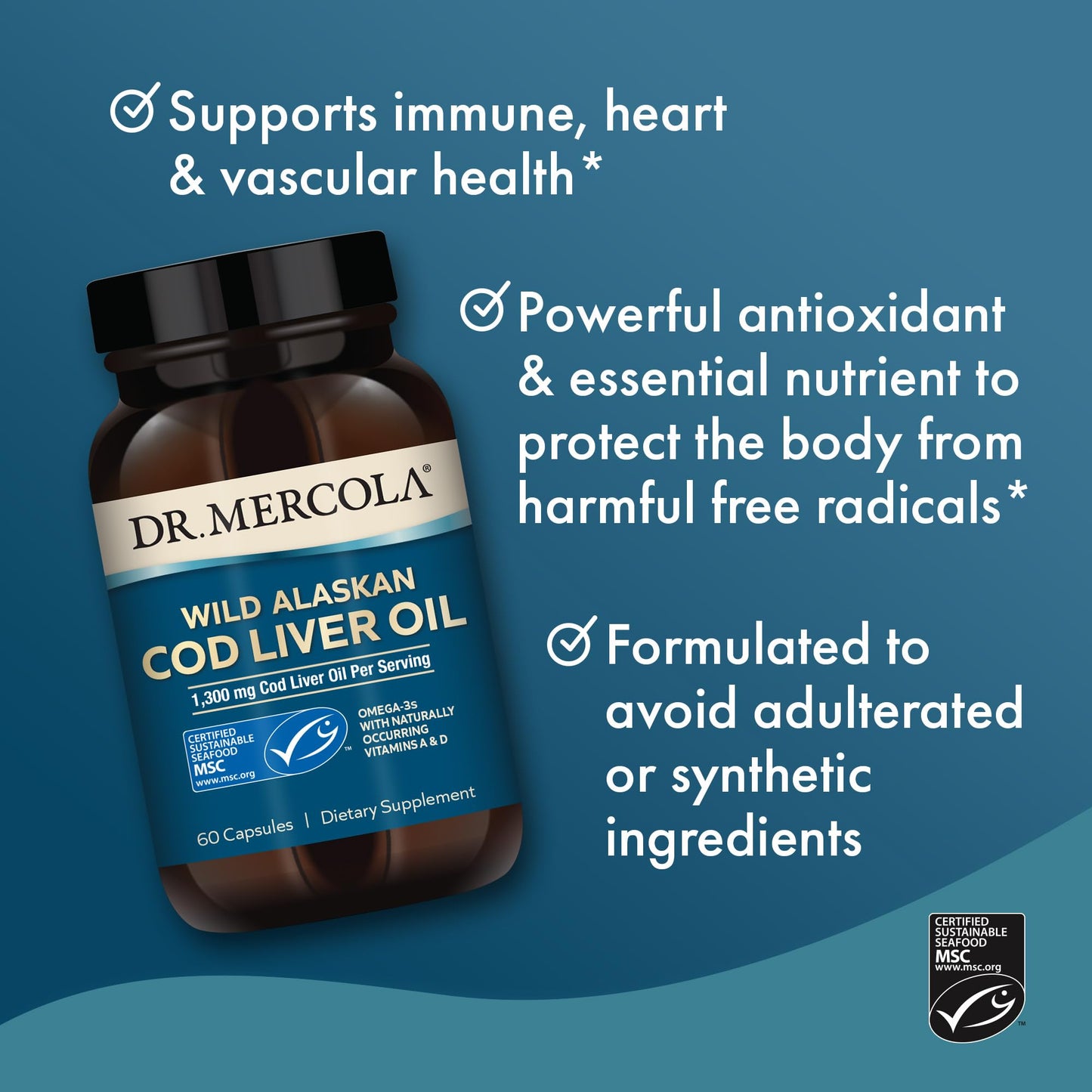 Dr. Mercola Cod Liver Oil – 1,300 mg per Serving, 30 Servings (60 Capsules) – MSC Certified, Non-GMO
