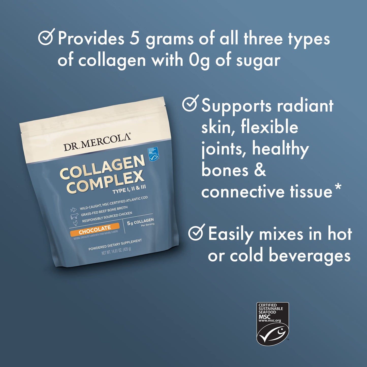 Dr. Mercola Collagen Complex Powder – Skin Elasticity & Joint Support – 10.89 oz (30 Servings) – Chocolate