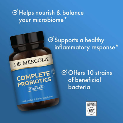 Dr. Mercola Complete Probiotics 70 Billion CFU - 30 Capsules, 10 Strains, Shelf-Stable, GMO-Free, Gluten-Free & Soy-Free