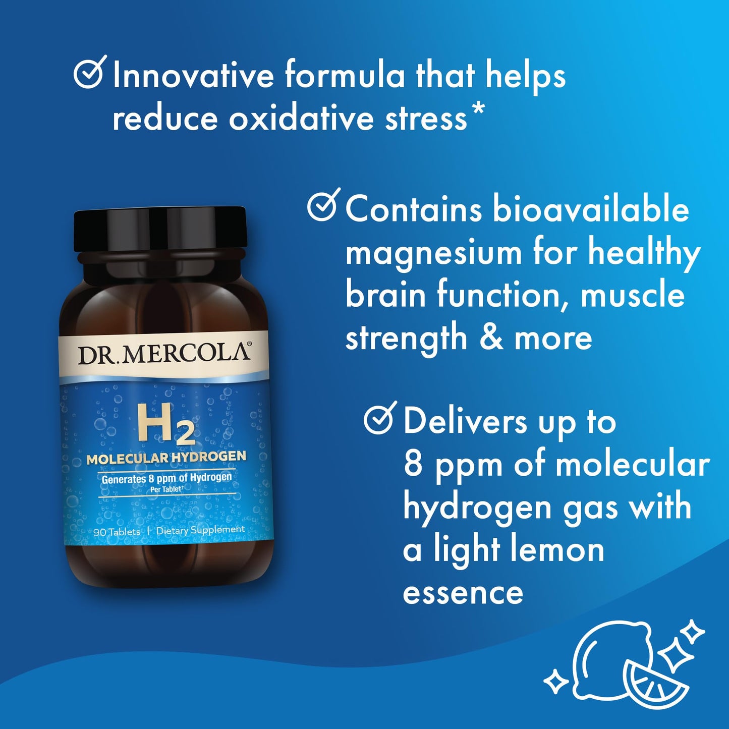 Dr. Mercola H2 Molecular Hydrogen with Elemental Magnesium - 90 Tablets (GMO-Free, Gluten-Free, Soy-Free)