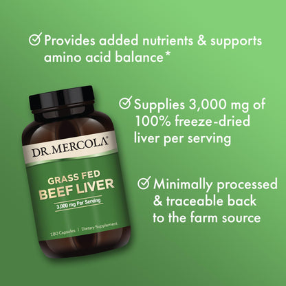 Dr. Mercola Grass-Fed Beef Liver – 30 Servings (180 Capsules) | 3,000 mg per Serving | Non-GMO