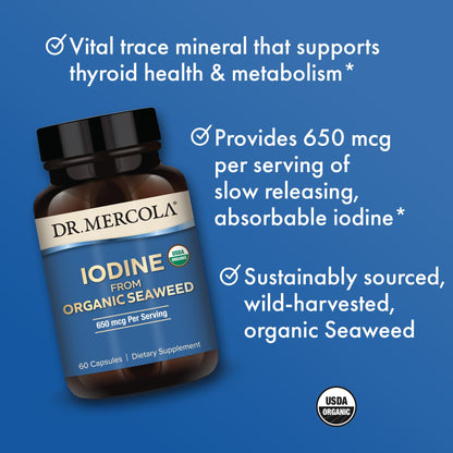 Dr. Mercola Iodine from Organic Seaweed – 650 mcg, 60 Capsules, USDA Organic (Pack of 2)