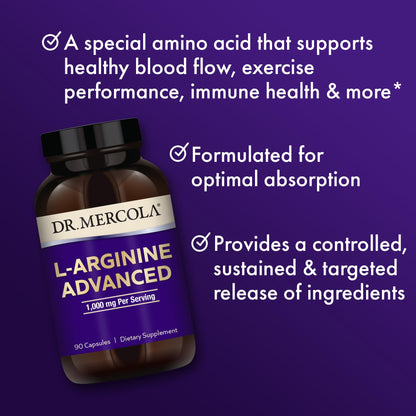 Dr. Mercola L-Arginine Advanced - 30 Servings (90 Capsules) | 1000 mg per Serving | Non-GMO Dietary Supplement