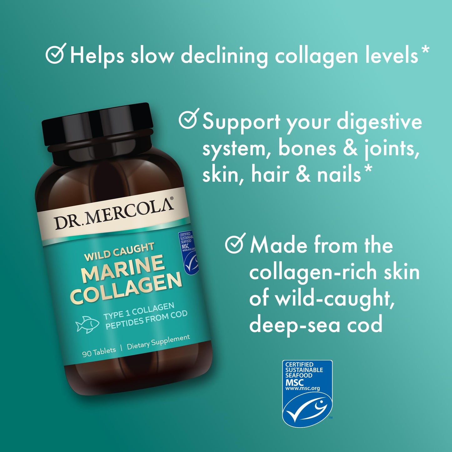 Dr. Mercola Marine Collagen – Wild Caught, Type I (30 Servings), MSC Certified