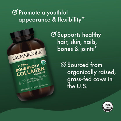 Dr. Mercola Organic Bone Broth Collagen – 90 Servings (270 Tablets) – Grass-Fed, USDA Organic