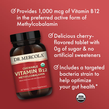 Dr. Mercola Organic Chewable Vitamin B12 – 1000 mcg, Cherry, 30 Servings