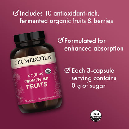 Dr. Mercola Organic Fermented Fruits – 30 Servings, 180 Capsules, Immune Support, USDA Organic