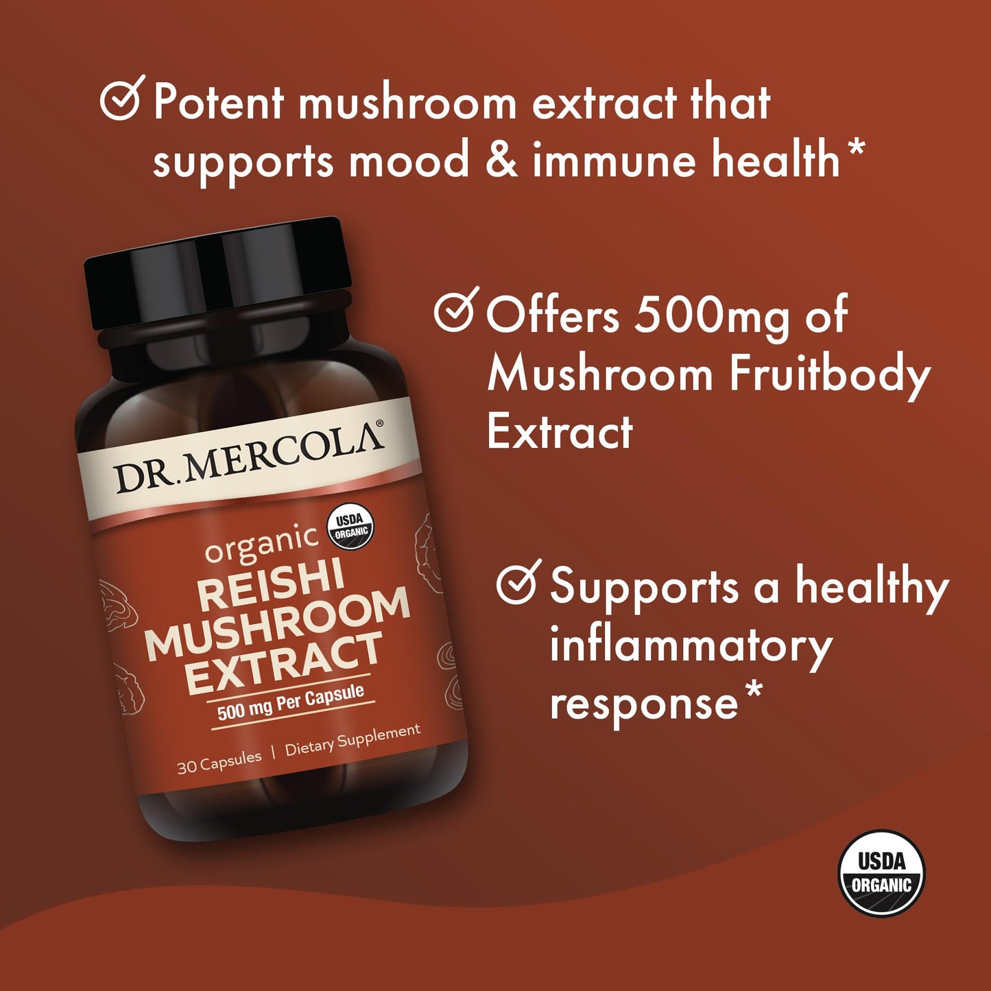 Dr. Mercola Organic Reishi Mushroom Extract – Immune Support, USDA Organic, Non-GMO, 30 Servings