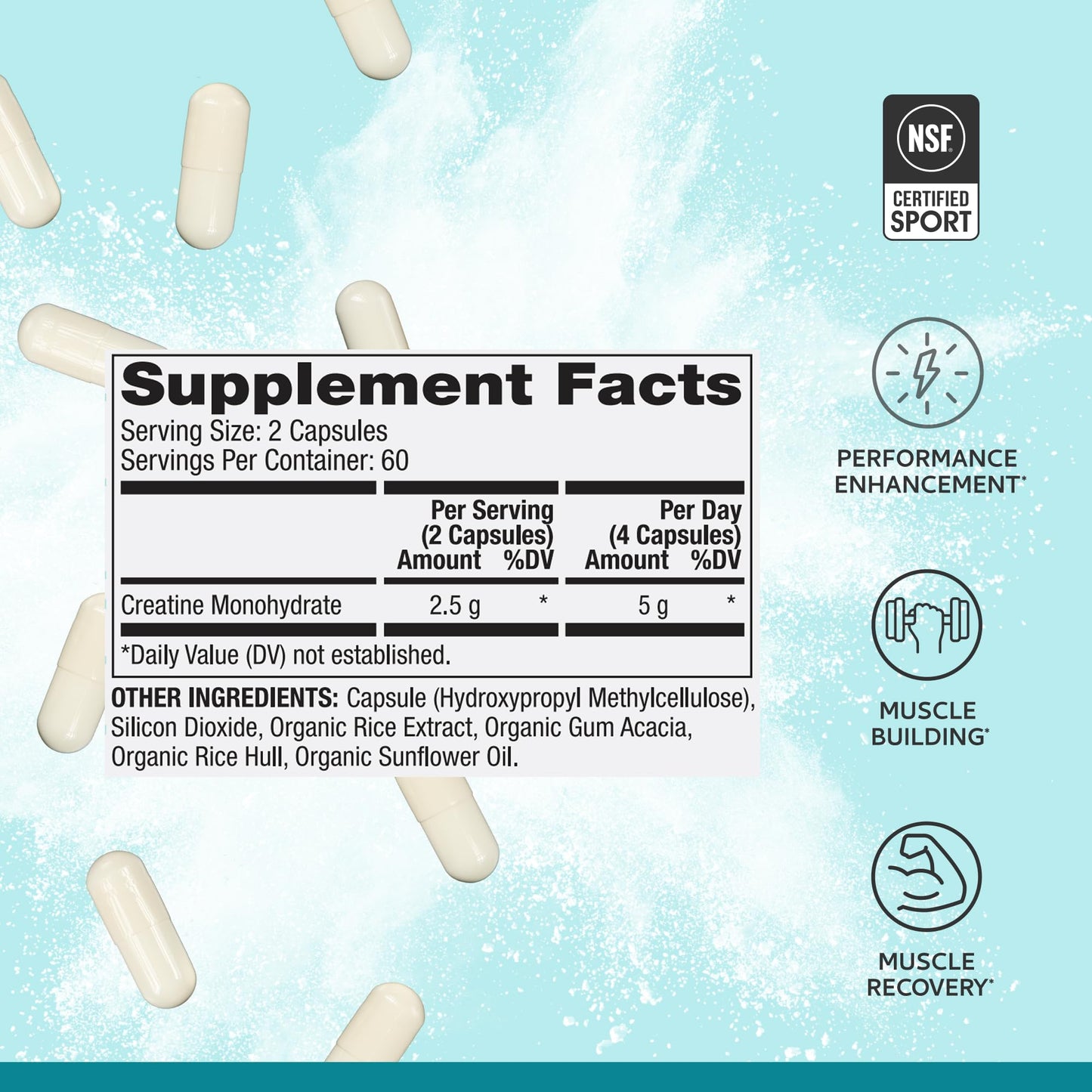 Dr. Mercola Pure Power Creatine Monohydrate 60 Servings, 120 Capsules, 2 Pack, 2.5 g per Serving, Non-GMO, NSF Certified for Sport