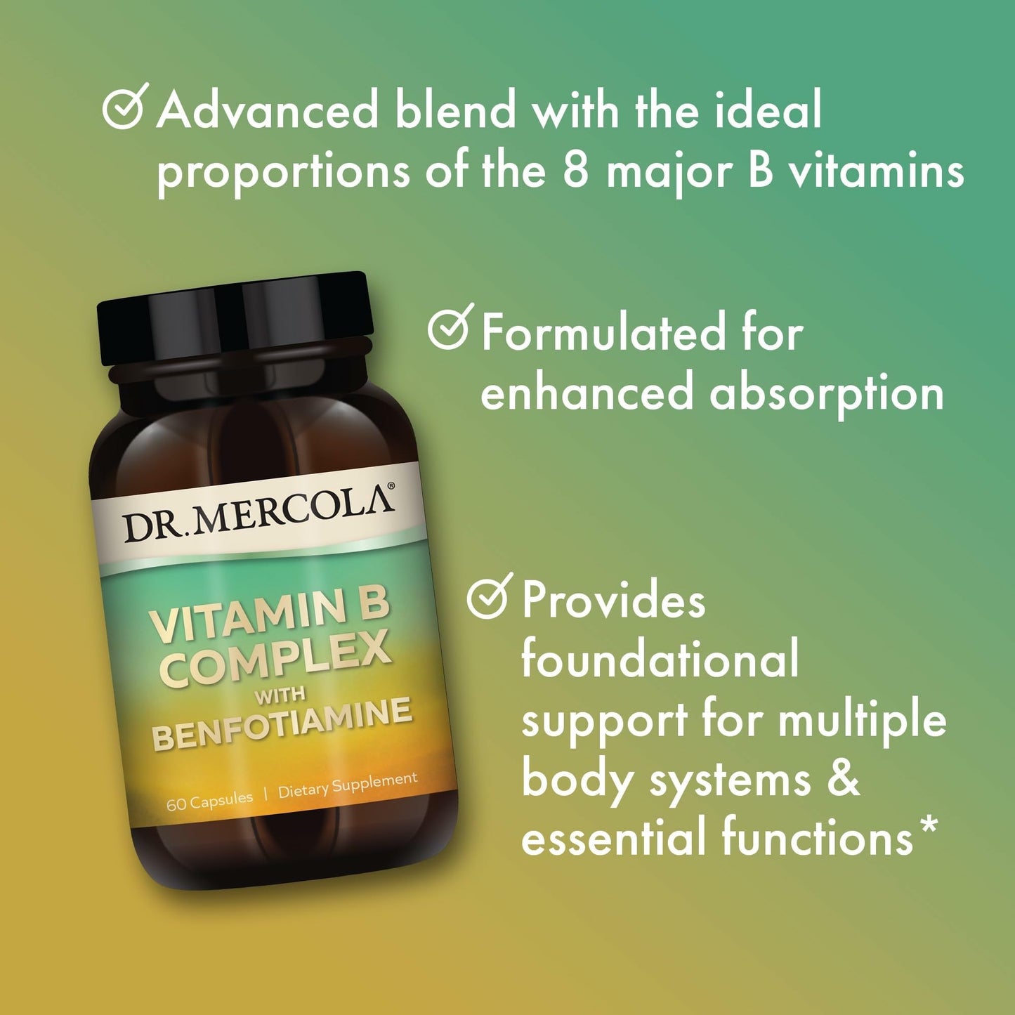 Dr. Mercola Vitamin B Complex with Benfotiamine – Supports Cellular, Brain & Immune Health | Non-GMO, Gluten-Free & Soy-Free – 60 Capsules