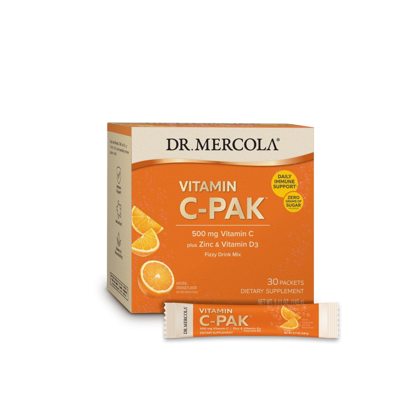 Dr. Mercola Vitamin C-PAK – 30 Servings Fizzy Orange Drink Mix (500 mg Vitamin C, Zinc, Vitamin D3) – Non-GMO