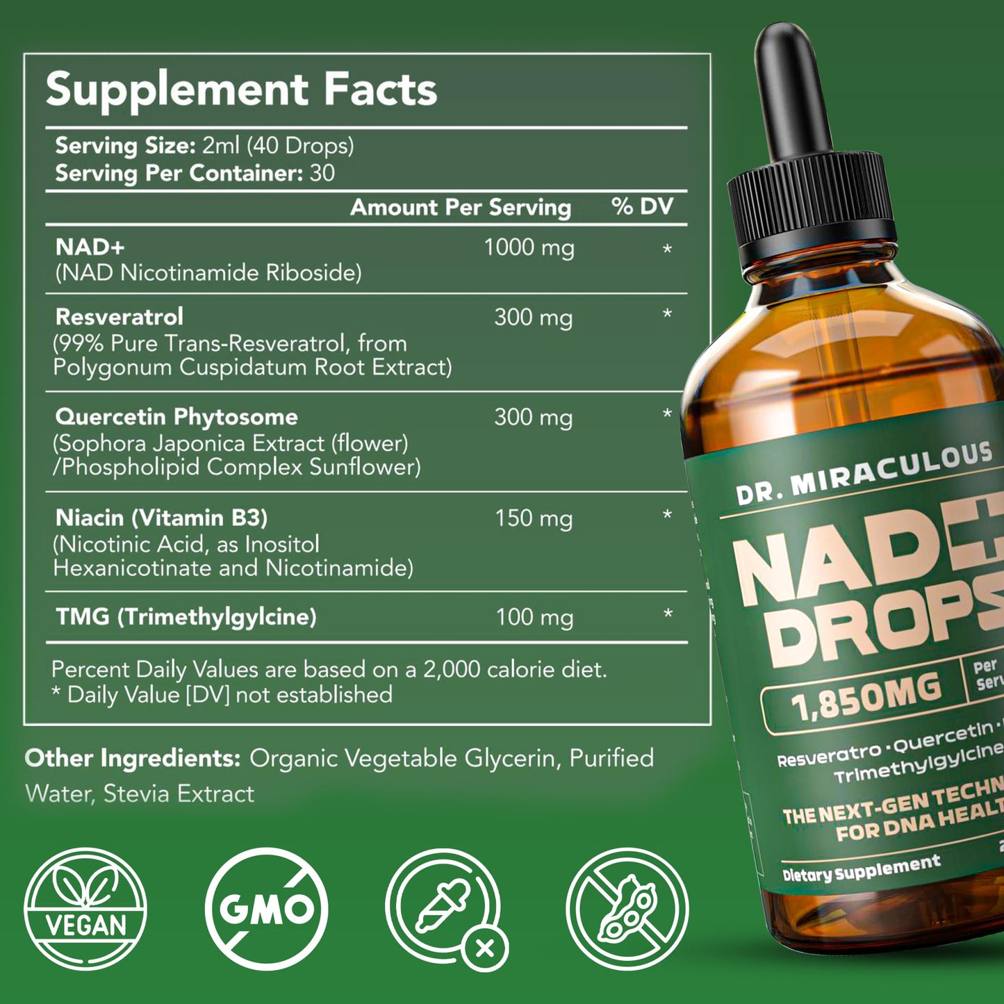 Dr. Miraculous NAD+ 1850mg Liquid Drops – Organic Nicotinamide Riboside, Lemon Flavor