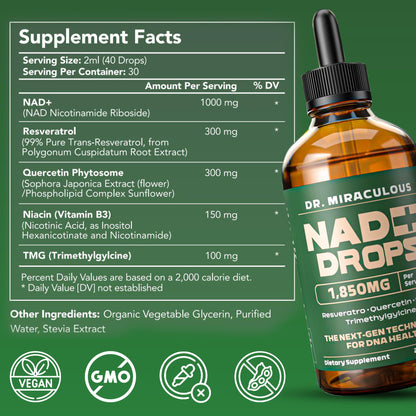 Dr. Miraculous NAD+ 1850mg Liquid Drops – Organic Nicotinamide Riboside, Lemon Flavor