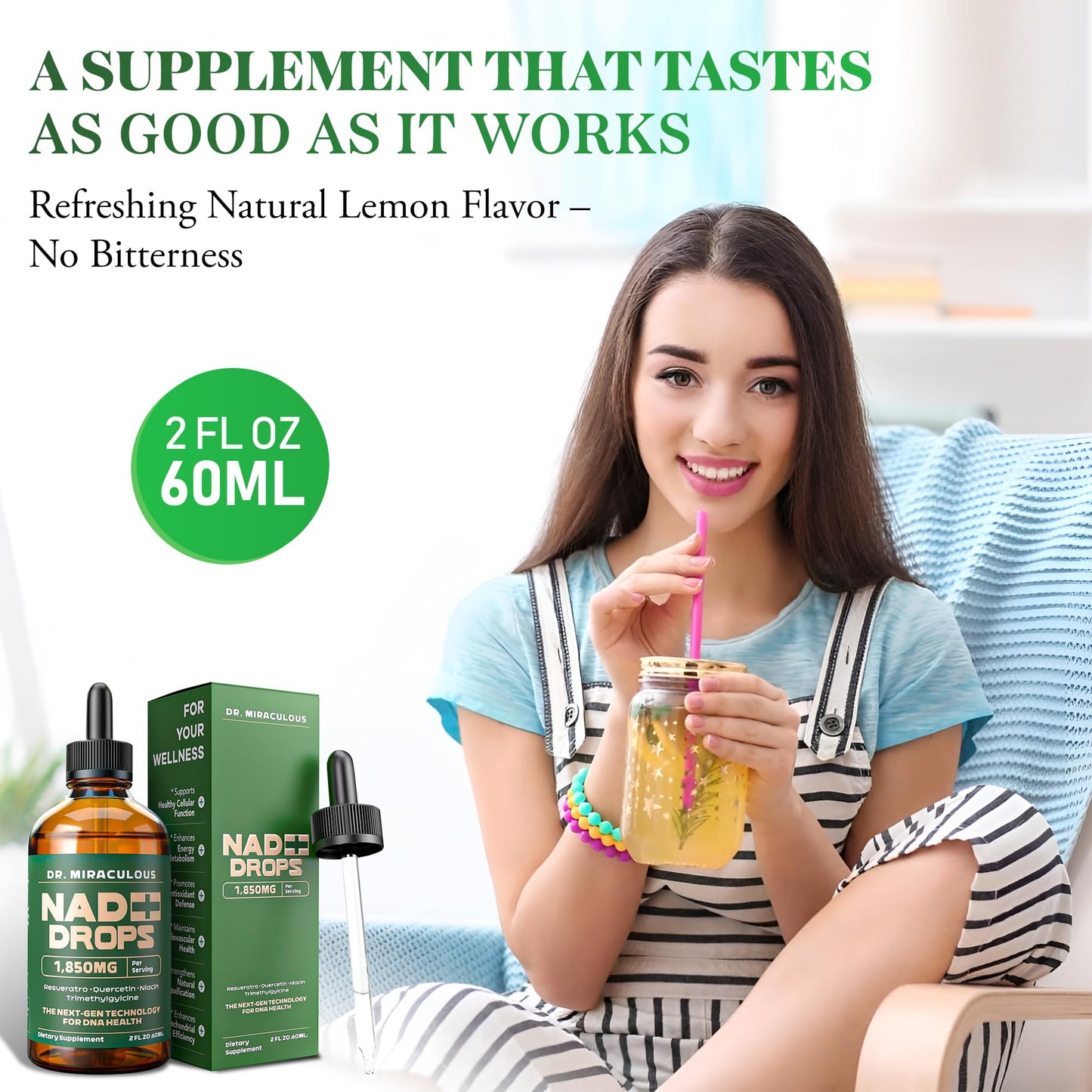Dr. Miraculous NAD+ 1850mg Liquid Drops – Organic Nicotinamide Riboside, Lemon Flavor
