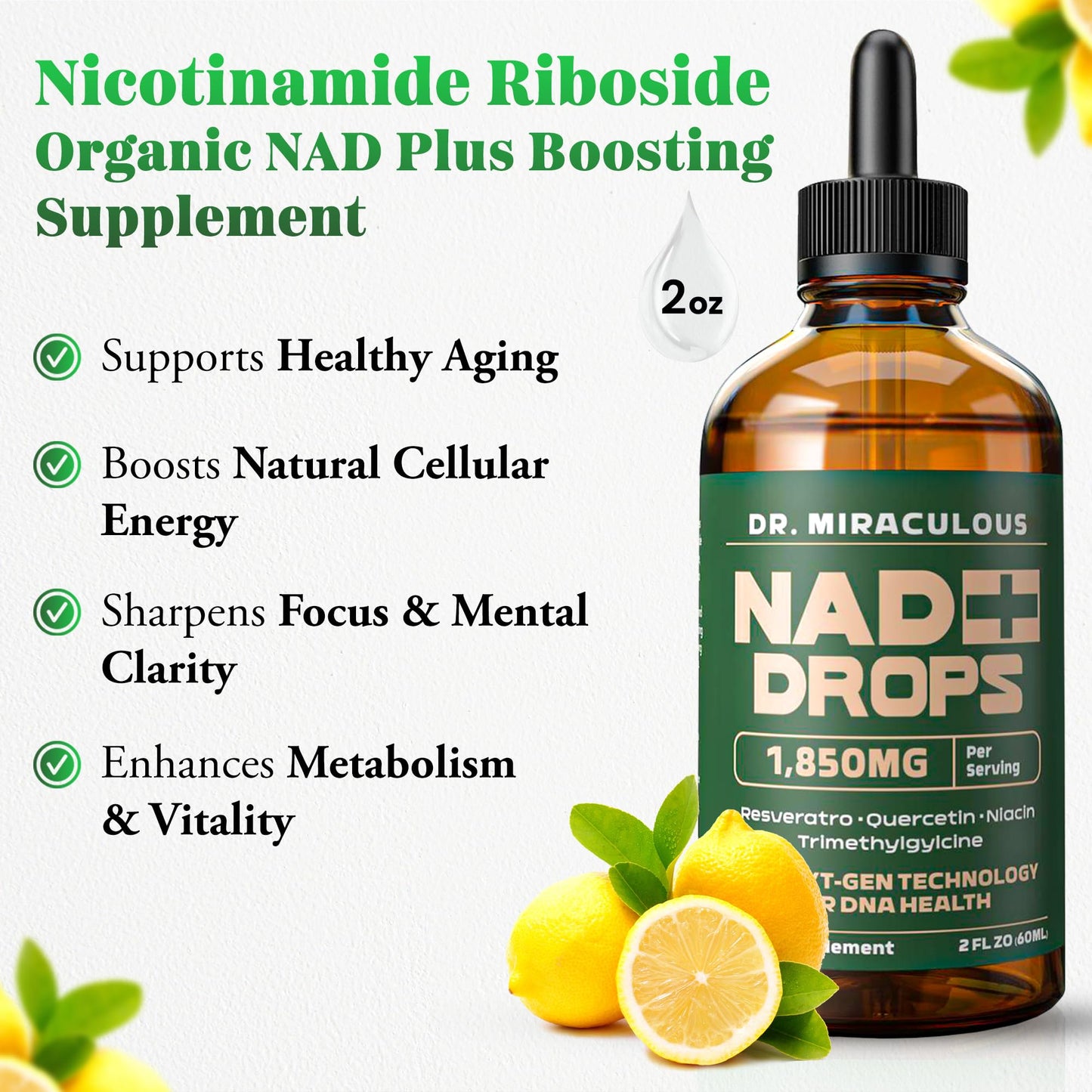 Dr. Miraculous NAD+ 1850mg Liquid Drops – Organic Nicotinamide Riboside, Lemon Flavor