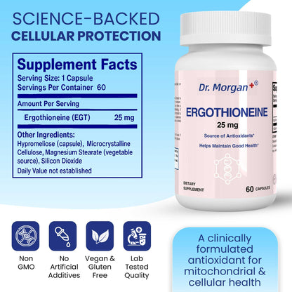 Dr. Morgan Ergothioneine Supplement – 99% Pure Antioxidant Support, Mitochondrial & Cellular Health, 60 Capsules, Made in Canada