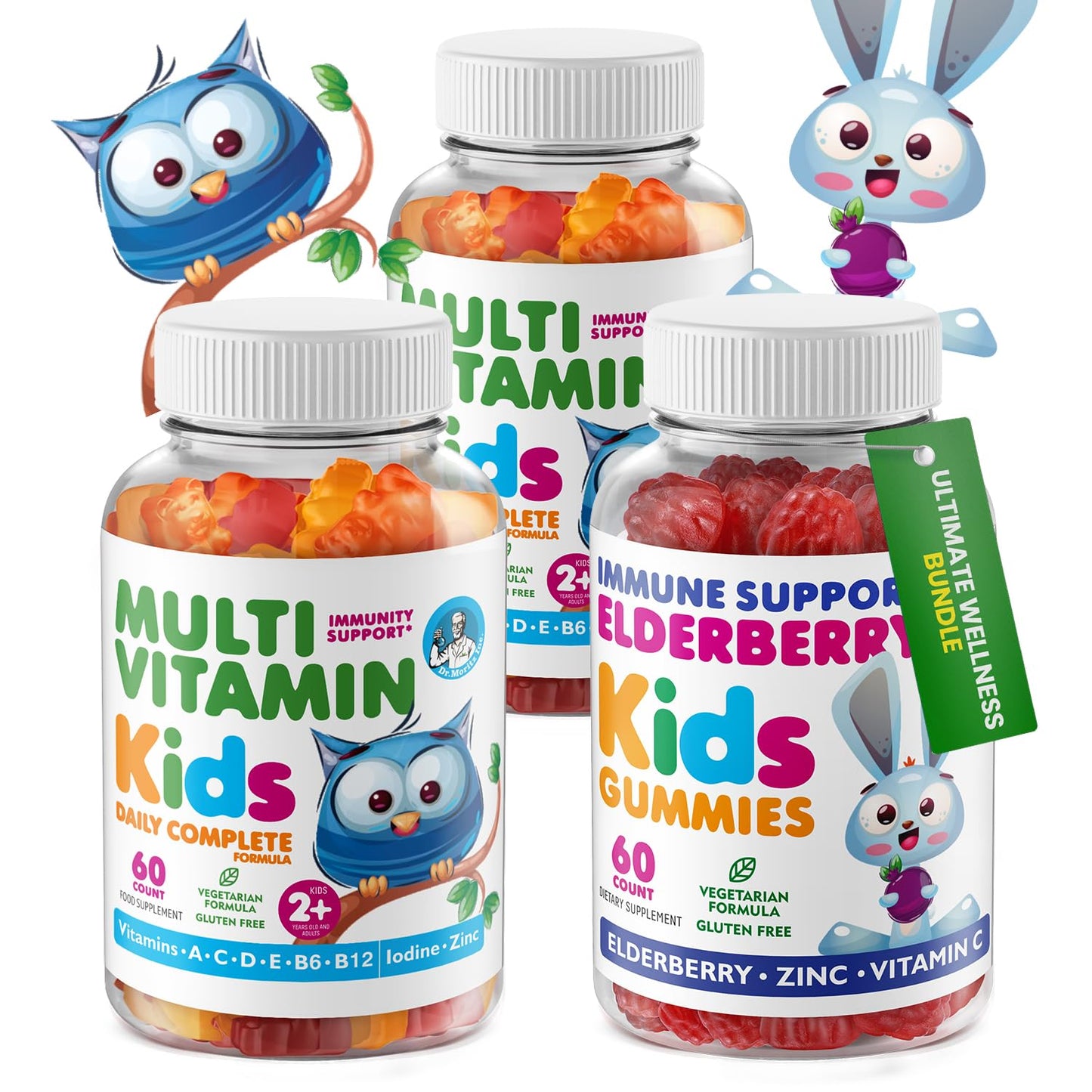 DR. MORITZ Kids Elderberry Gummies (60 Count) + Multivitamin Gummies Bundle (120 Count, 2 Pack) – Immune Support