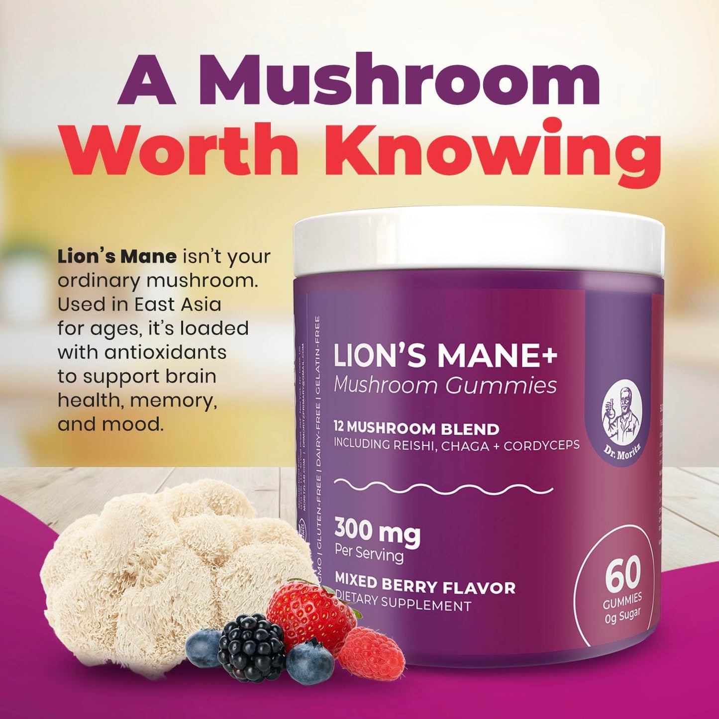DR. MORITZ Lions Mane Gummies – 60 Count, 12-in-1 Brain & Immune Support