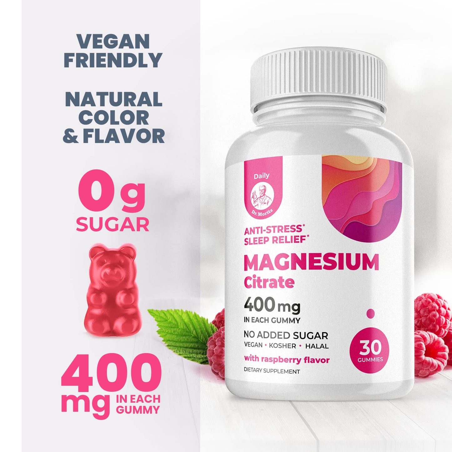 DR. MORITZ Magnesium Gummies for Adults | Sugar-Free Calm, Raspberry Flavor, Non-GMO, 400 mg (30 Count)