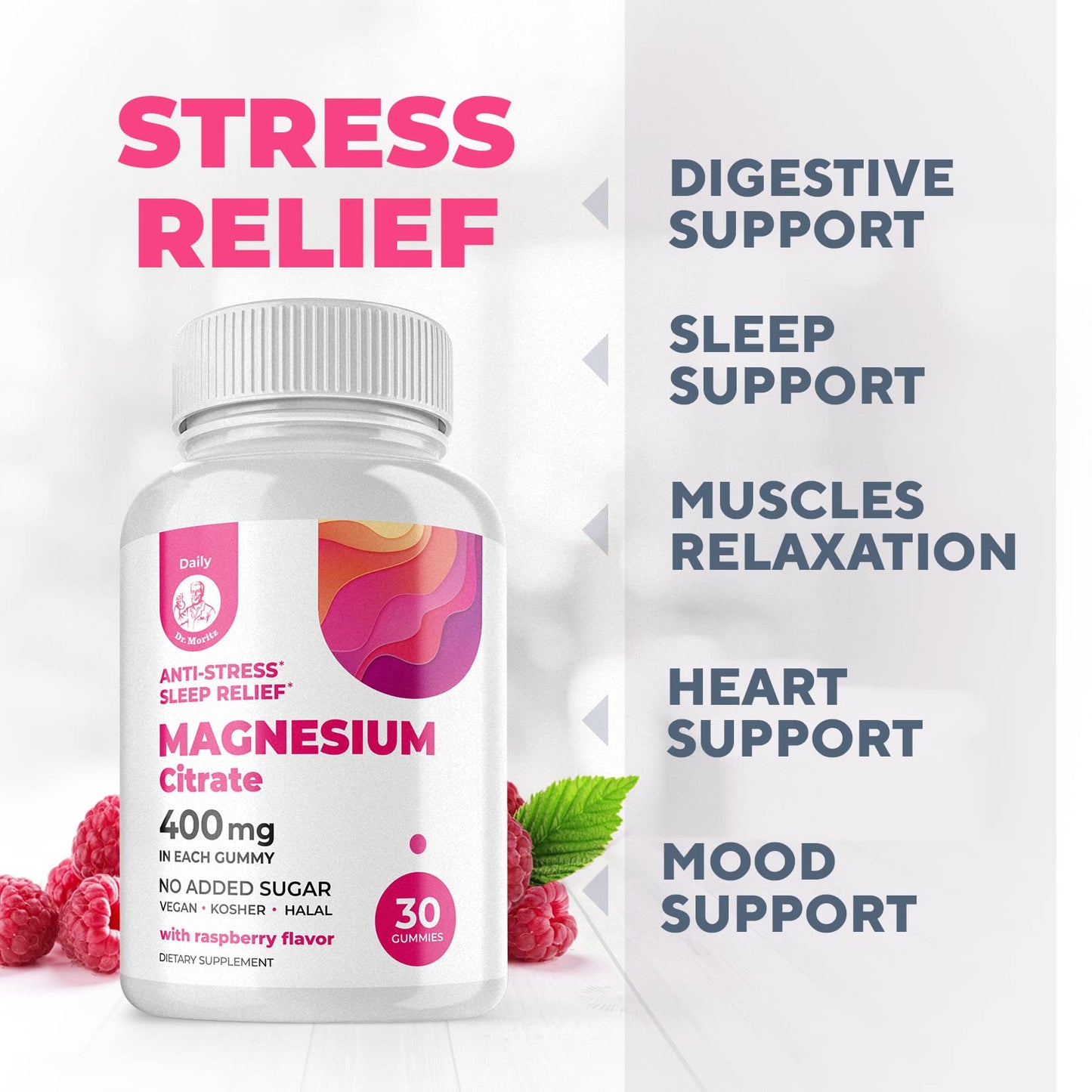 DR. MORITZ Magnesium Gummies for Adults | Sugar-Free Calm, Raspberry Flavor, Non-GMO, 400 mg (30 Count)