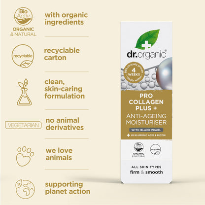 Dr. Organic Pro Collagen Plus Anti-Ageing Moisturiser with Black Pearl – Firm & Smooth Skin, All Skin Types, 50 mL
