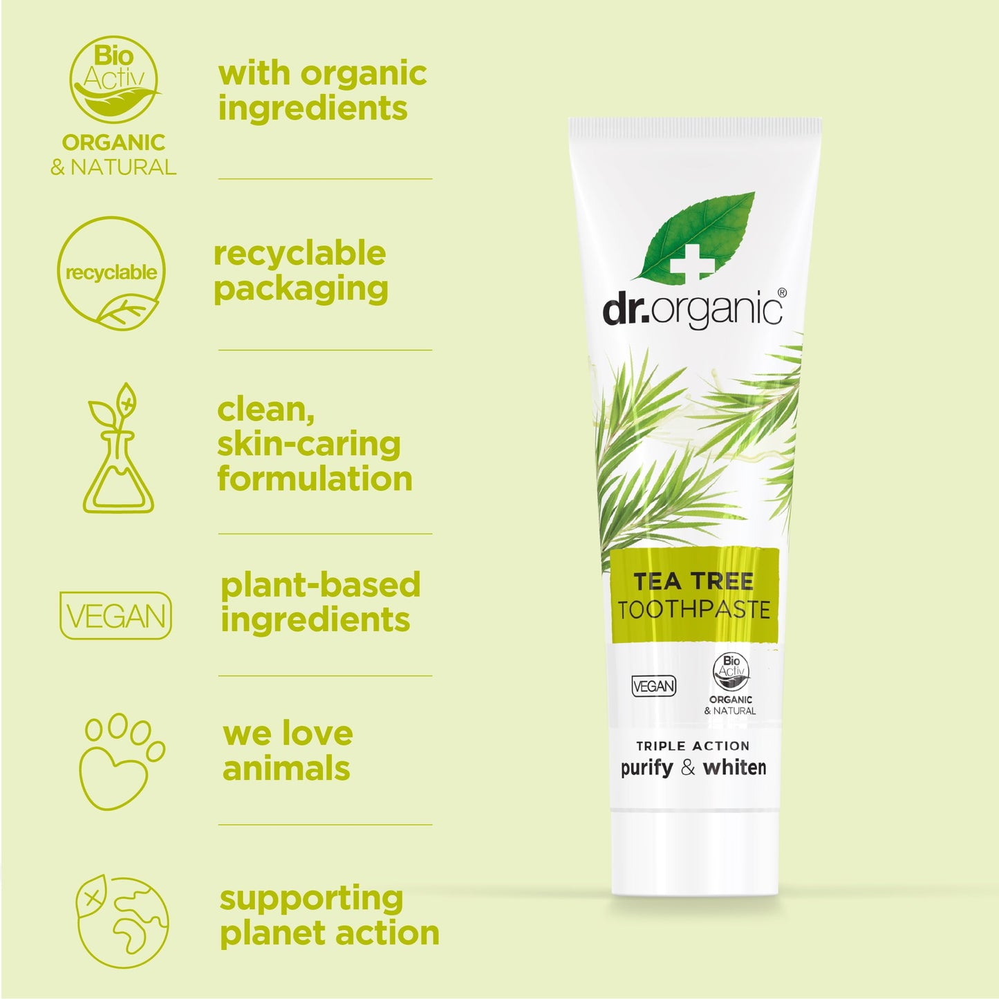 Dr.organic Tea Tree Toothpaste 100ml | Fresh Breath, Anti-Caries & Whitening