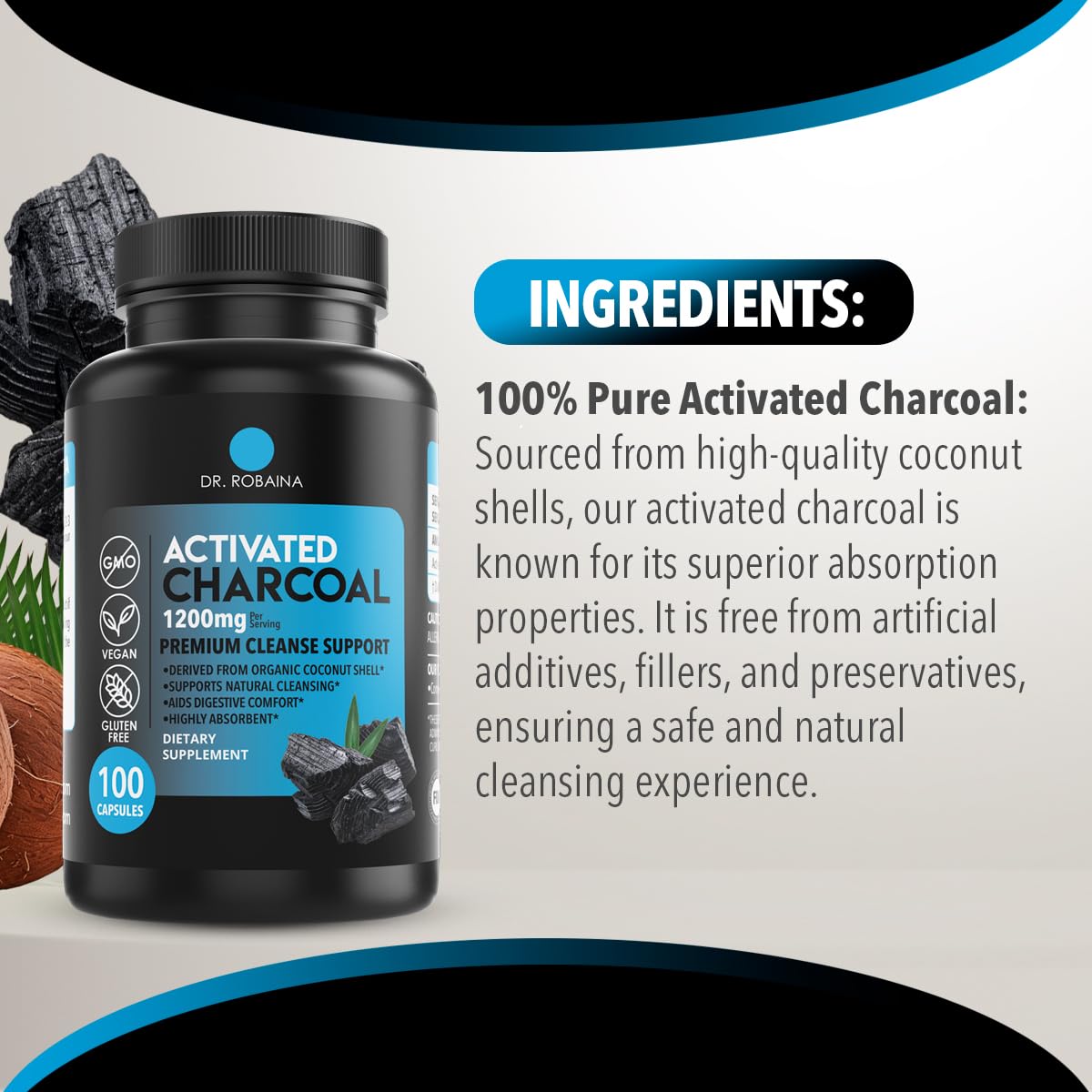 Dr. Robaina Activated Charcoal 1200 mg – Coconut-Shell Charcoal for Gas & Bloating Relief | Vegan, Non-GMO, USA Made