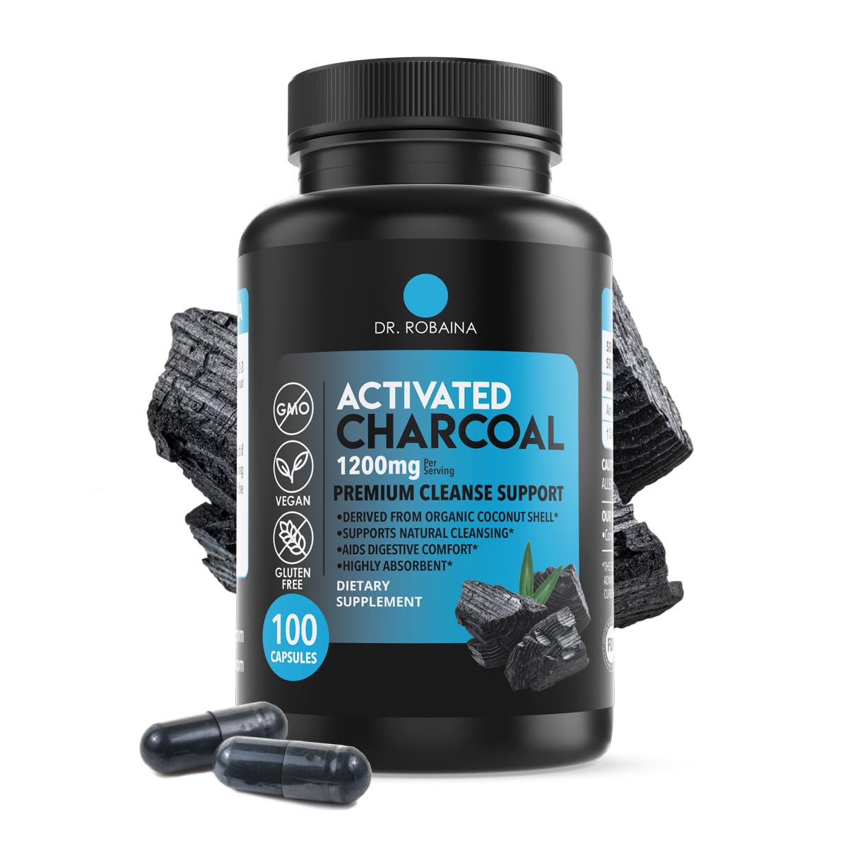 Dr. Robaina Activated Charcoal 1200 mg – Coconut-Shell Charcoal for Gas & Bloating Relief | Vegan, Non-GMO, USA Made