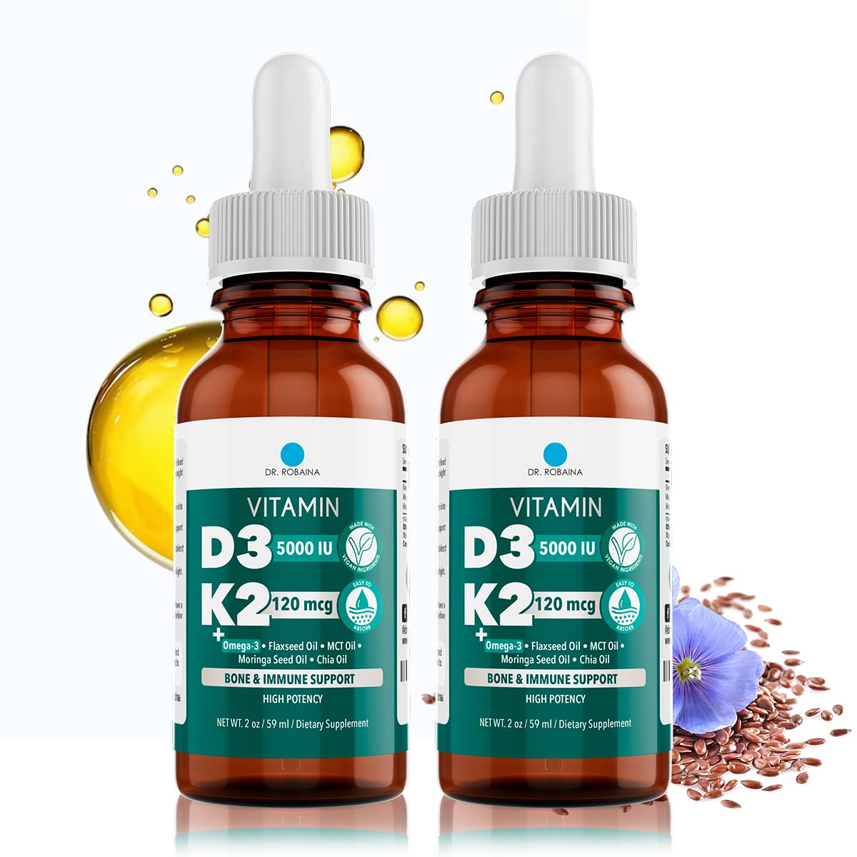 Dr. Robaina Vitamin D3 + K2 Drops – Vegan D3 and MK-7 in MCT Oil