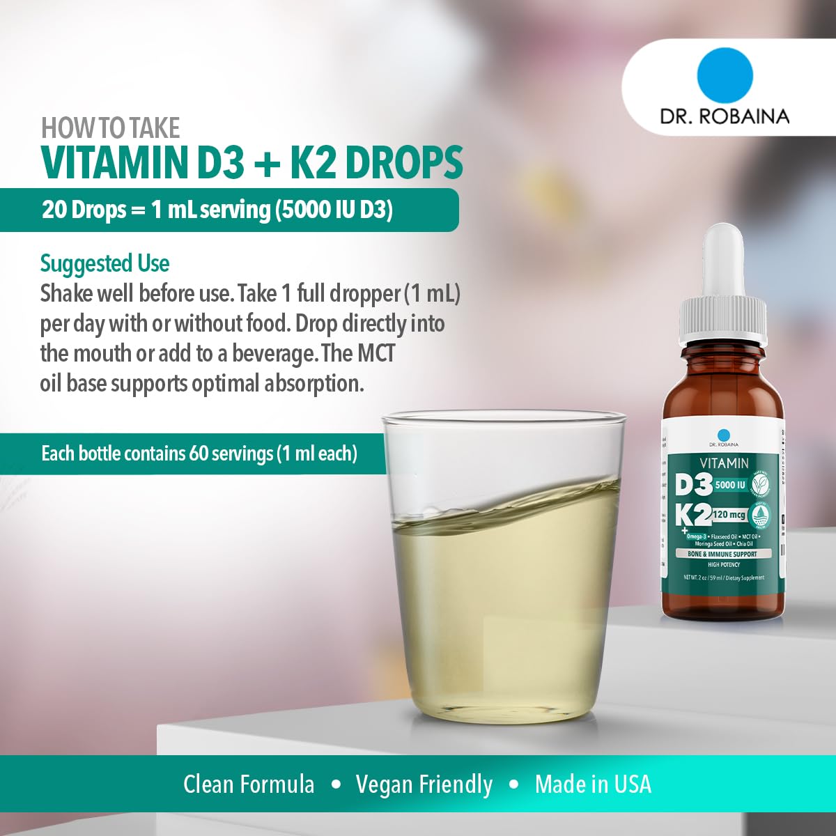 Dr. Robaina Vitamin D3 + K2 Drops – Vegan MCT Oil, 5000 IU D3 & 120 mcg MK-7