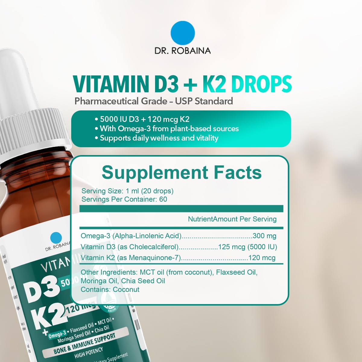 Dr. Robaina Vitamin D3 + K2 Drops – Vegan D3 and MK-7 in MCT Oil
