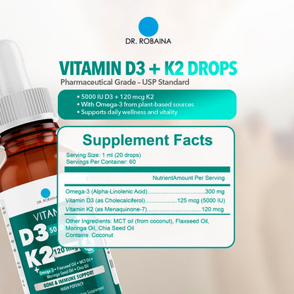 Dr. Robaina Vitamin D3 + K2 Drops – Vegan D3 and MK-7 in MCT Oil