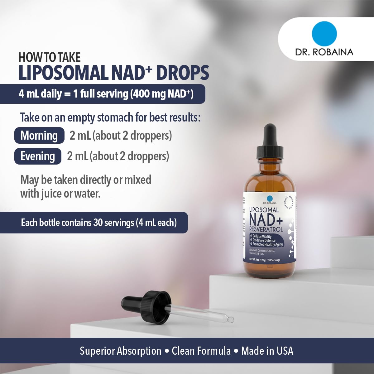 Dr. Robaina Liposomal NAD⁺ Liquid Drops – Berry Flavor, 400 mg NAD⁺/4 mL