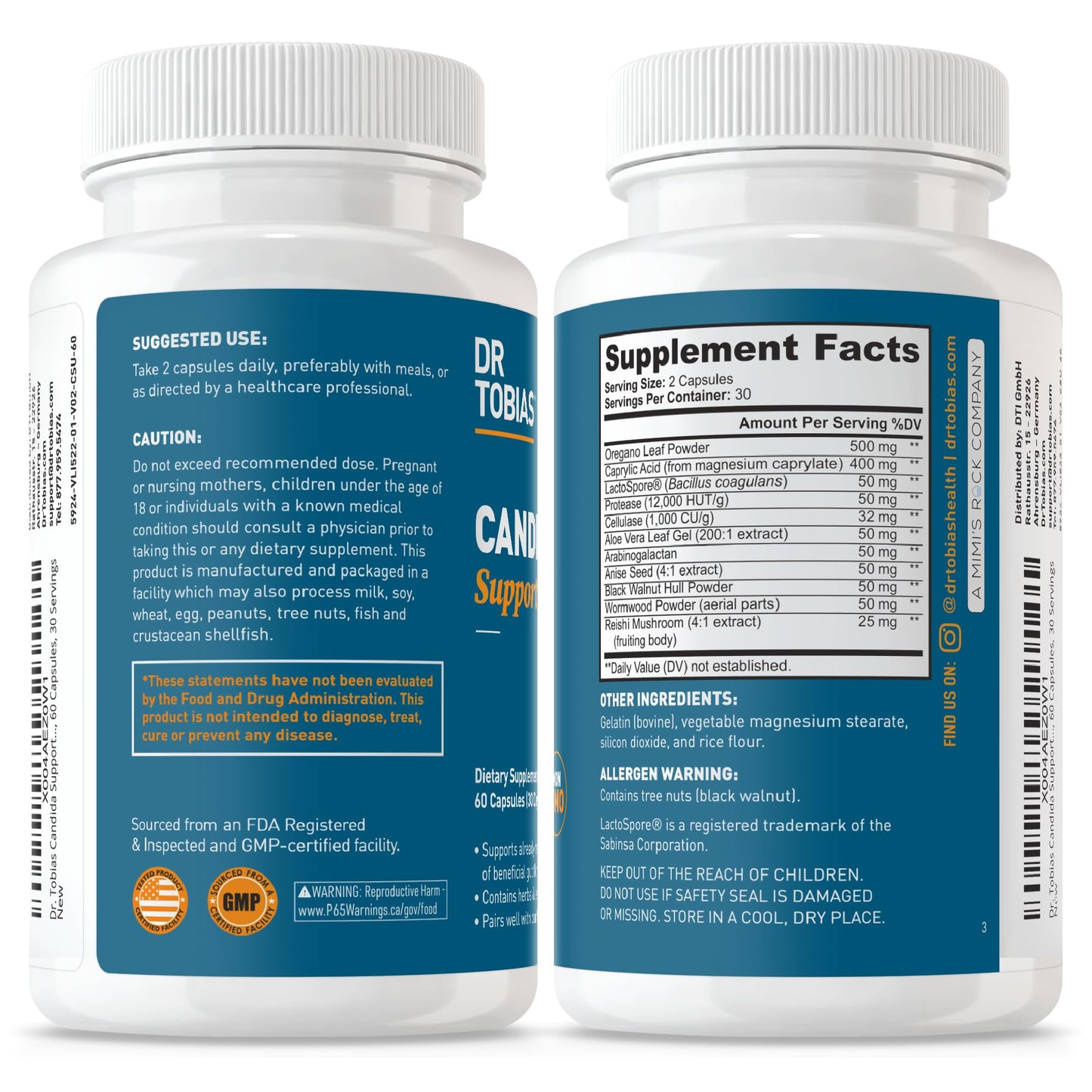 Dr. Tobias Candida Support – Gut Flora Balance Complex with Oregano, Caprylic Acid, Enzymes & Probiotics | 60 Capsules
