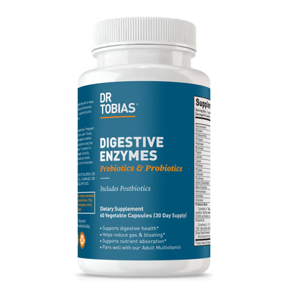 Dr. Tobias Digestive Enzymes with Probiotics, Prebiotics & Postbiotics – Bromelain, Amylase, Lipase – 60 Capsules