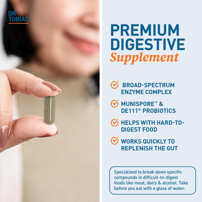 Dr. Tobias Digestive Enzymes with Probiotics, Prebiotics & Postbiotics – Bromelain, Amylase, Lipase – 60 Capsules